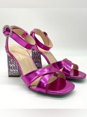 Betsey Johnson Metallic Fuchsia Embellished Block Heel Sandals